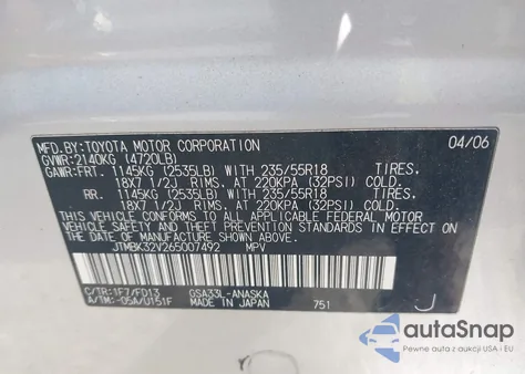 2006 Toyota Rav4 Sport V6 from USA, damaged, VIN JTMBK32V265007492